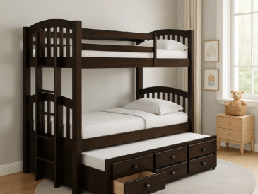 Modern kids’ bedroom with a espresso twin bunk bed featuring a pull-out trundle and three storage drawers in a minimalist decor.