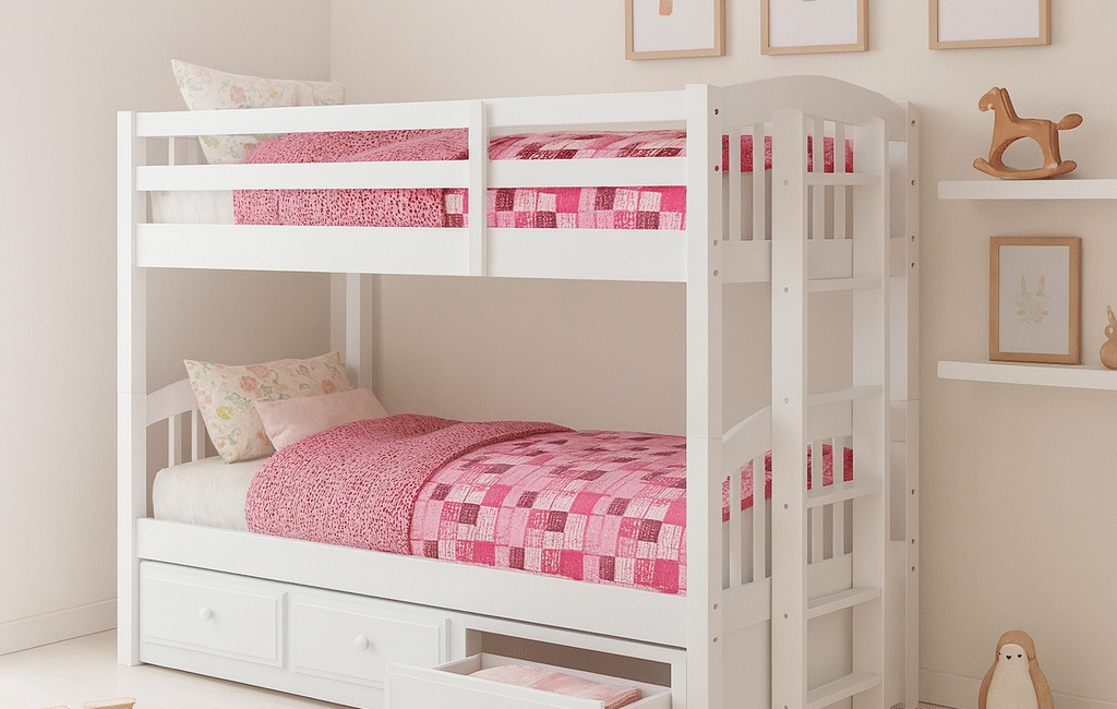 Modern kids’ bedroom with a white twin bunk bed featuring a pull-out trundle and three storage drawers in a minimalist decor.