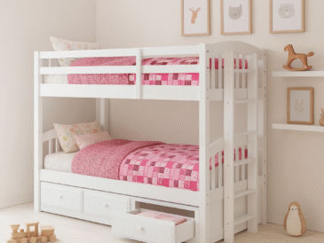 Modern kids’ bedroom with a white twin bunk bed featuring a pull-out trundle and three storage drawers in a minimalist decor.