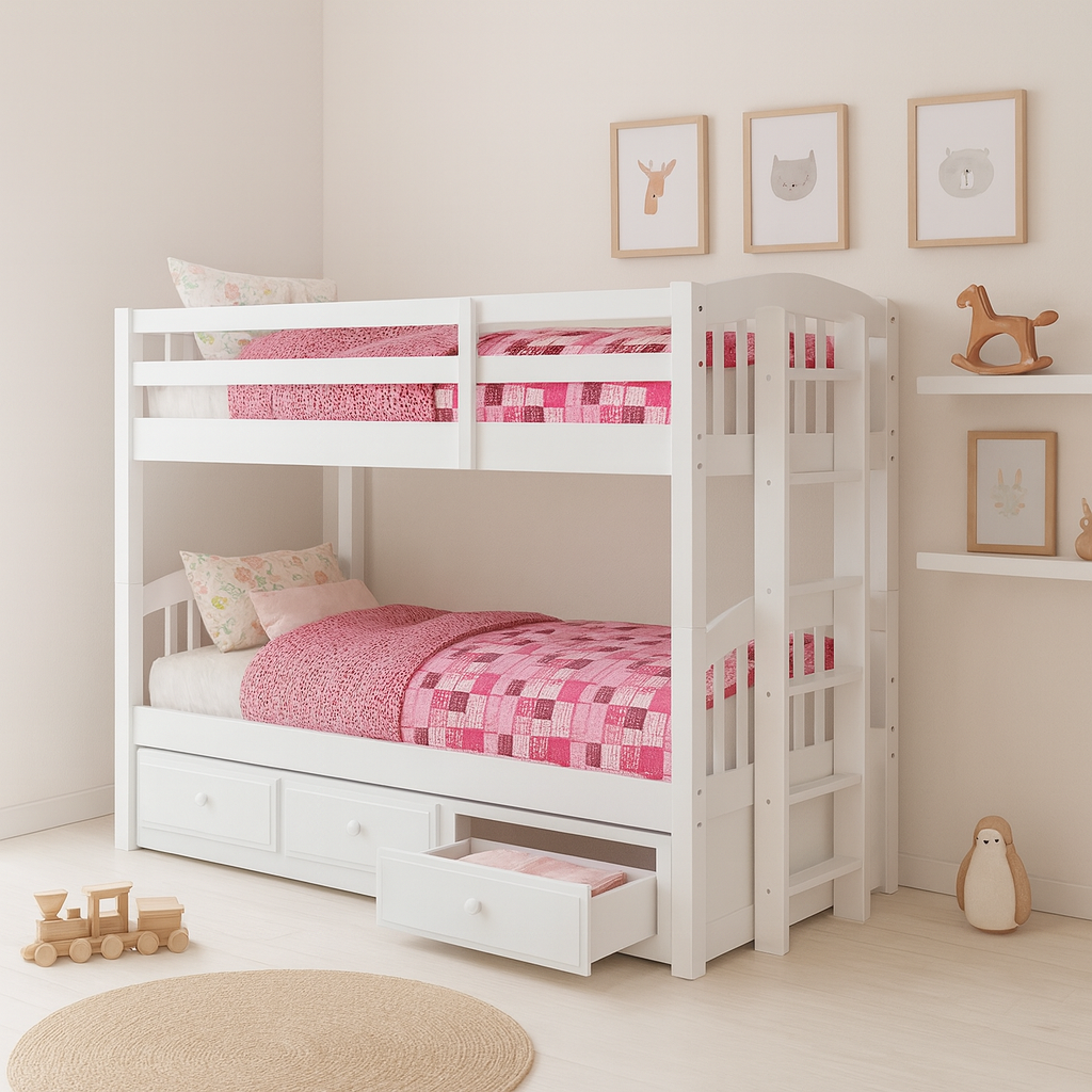 Modern kids’ bedroom with a white twin bunk bed featuring a pull-out trundle and three storage drawers in a minimalist decor.