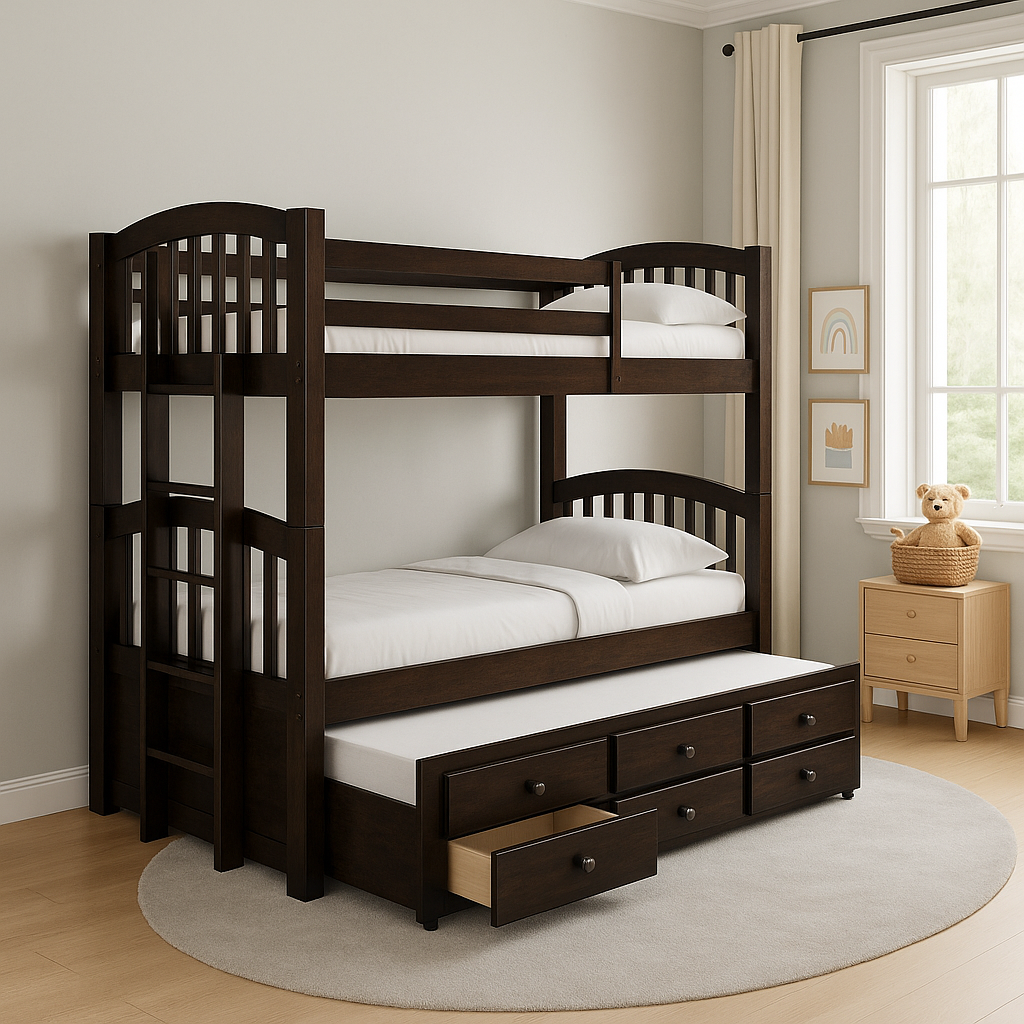 Modern kids’ bedroom with a espresso twin bunk bed featuring a pull-out trundle and three storage drawers in a minimalist decor.