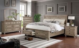 Modern Farmhouse gray bedroom set with sleigh bed, dresser, mirror, chest, and nightstand featuring storage drawers and USB ports.