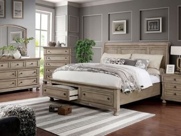 Modern Farmhouse gray bedroom set with sleigh bed, dresser, mirror, chest, and nightstand featuring storage drawers and USB ports.
