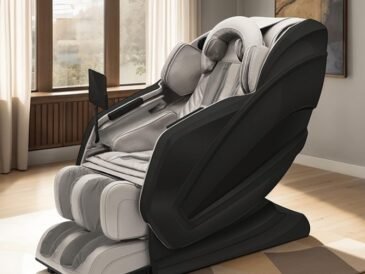 Gray modern massage chair with 10.1-inch touchscreen, Bluetooth speakers, heating function, and zero gravity recline.