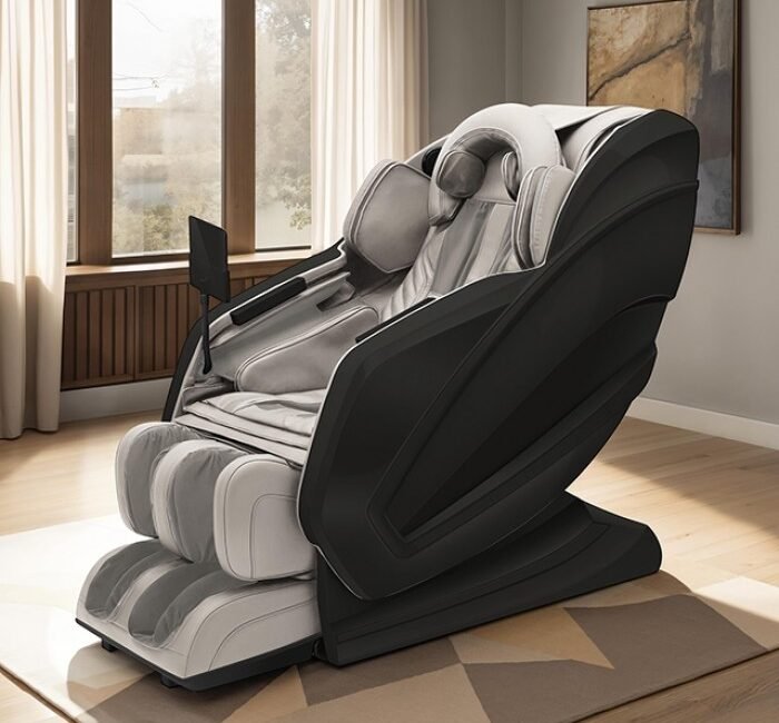 Gray modern massage chair with 10.1-inch touchscreen, Bluetooth speakers, heating function, and zero gravity recline.