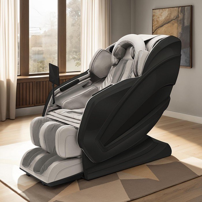 Gray modern massage chair with 10.1-inch touchscreen, Bluetooth speakers, heating function, and zero gravity recline.