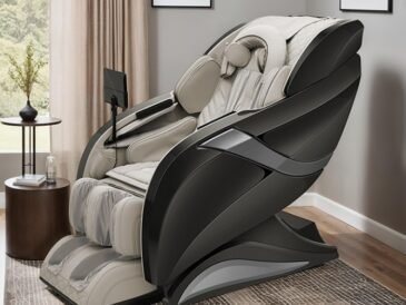 Gray contemporary massage chair with zero-gravity recline, Bluetooth speakers, and 10-inch touch screen control.