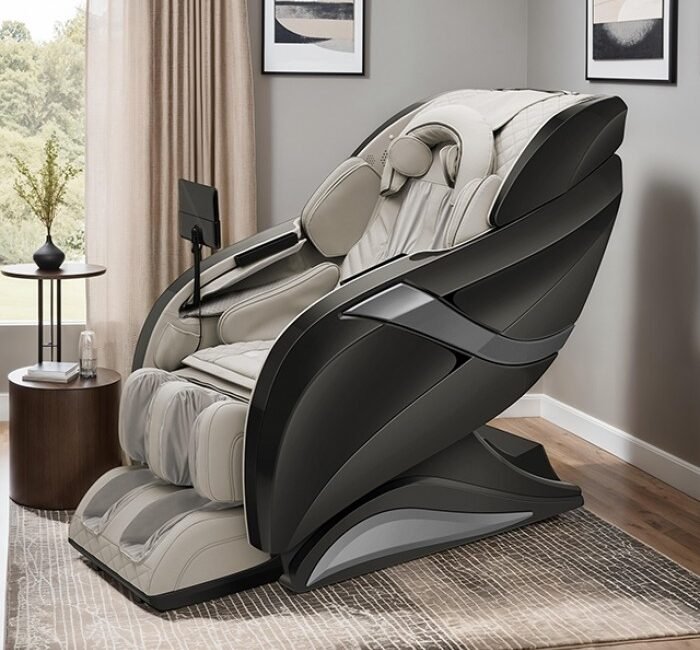 Gray contemporary massage chair with zero-gravity recline, Bluetooth speakers, and 10-inch touch screen control.