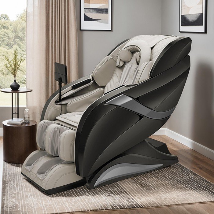 Gray contemporary massage chair with zero-gravity recline, Bluetooth speakers, and 10-inch touch screen control.
