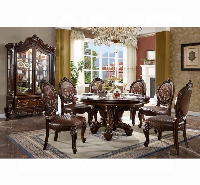 Versailles Round Dining Table in cherry finish with ornate pedestal base