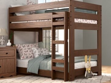Rustic mahogany bedroom set with twin bunk bed, dresser, chest, nightstand, and mirror — Melitta & Stavros Collection.