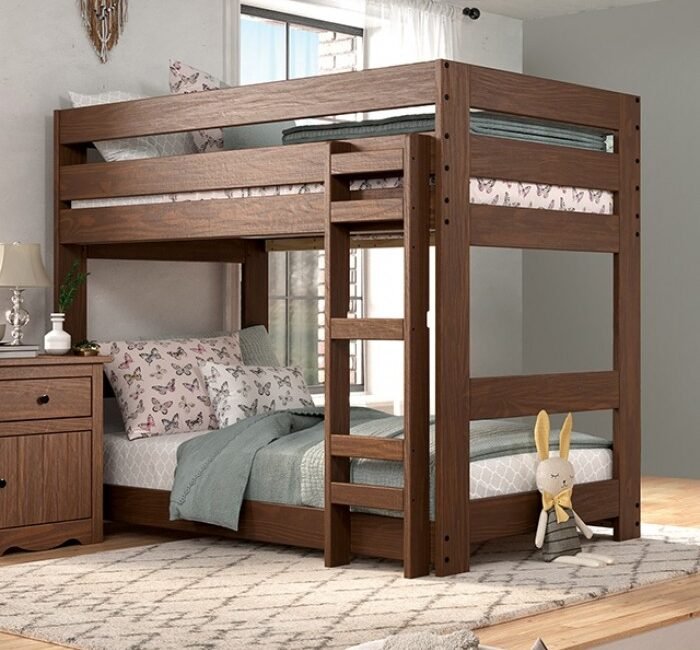 Rustic mahogany bedroom set with twin bunk bed, dresser, chest, nightstand, and mirror — Melitta & Stavros Collection.