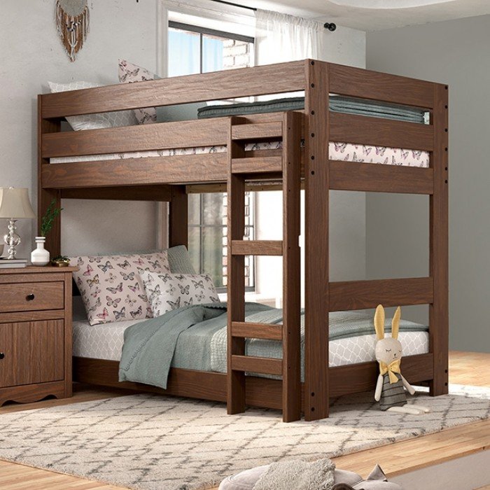 Rustic mahogany bedroom set with twin bunk bed, dresser, chest, nightstand, and mirror — Melitta & Stavros Collection.