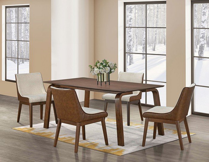 Mid-century modern walnut dining set with rectangular table and four curved-back upholstered chairs in a bright contemporary dining room.