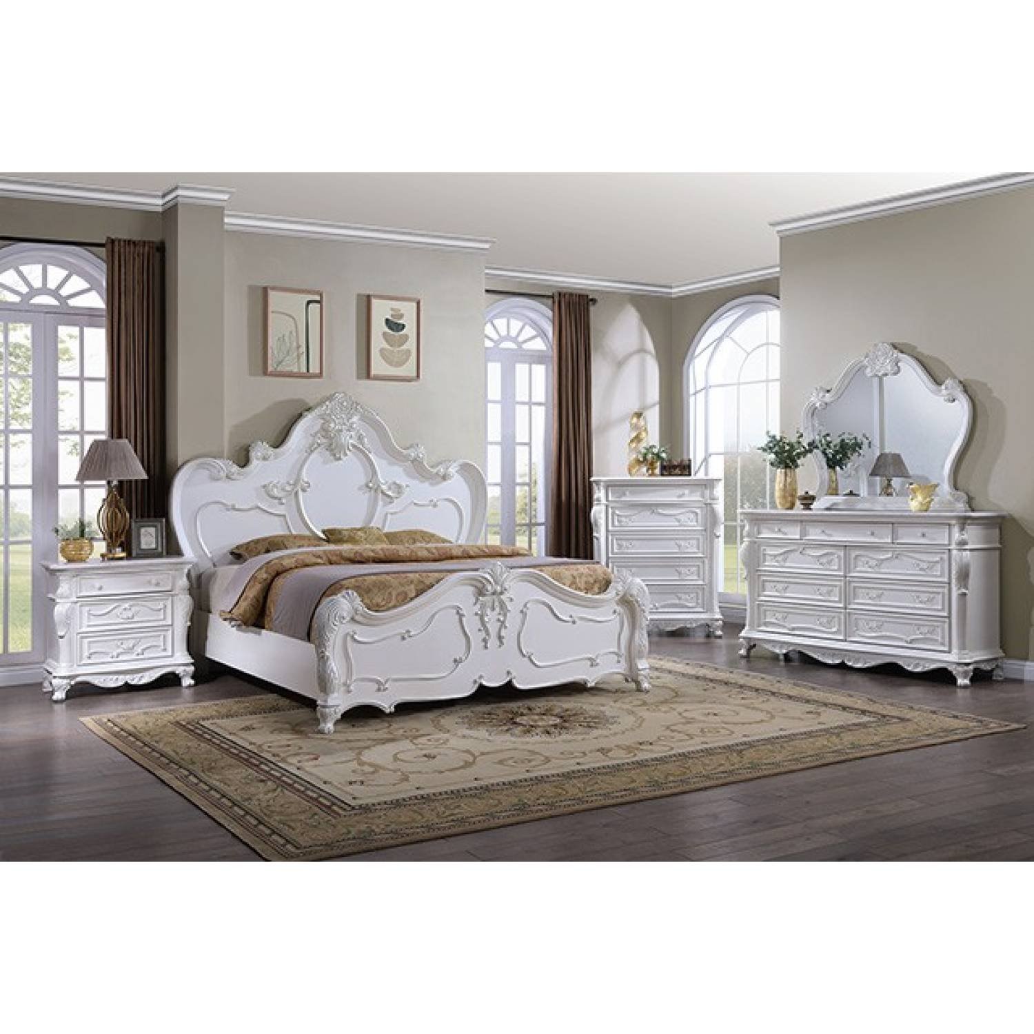 Pearl finish vintage classic glam bedroom set with ornate motifs and decorative detailing.