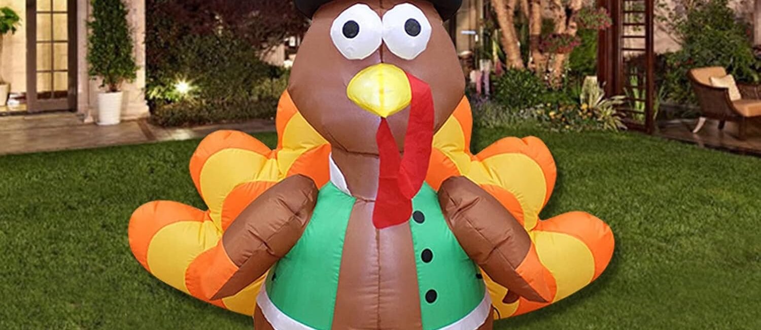 4-foot Thanksgiving turkey inflatable with built-in LED lights, ideal for outdoor autumn or harvest decorations