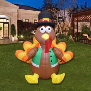 4-foot Thanksgiving turkey inflatable with built-in LED lights, ideal for outdoor autumn or harvest decorations