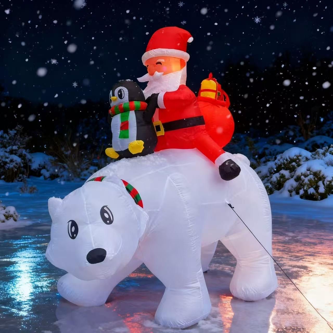 Santa riding a festive winter animal inflatable with LED lights for outdoor Christmas yard décor
