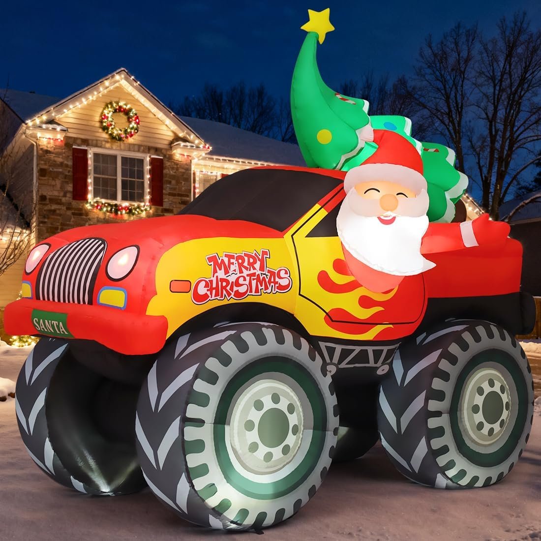Christmas truck inflatable with LED lights for outdoor holiday yard décor, available in multiple festive designs