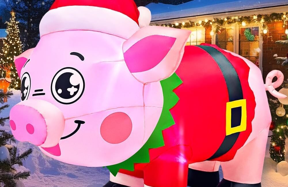5FT Christmas Inflatables Outdoor Decorations, Pig Blow up Yard Decorations with LED Light Up