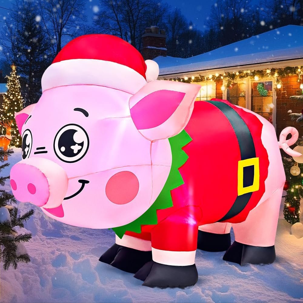 5FT Christmas Inflatables Outdoor Decorations, Pig Blow up Yard Decorations with LED Light Up