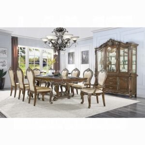 Antique oak 9-piece dining set with extendable pedestal table, carved details, and elegant traditional European décor styling.