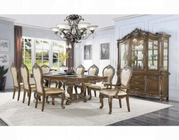 Antique oak 9-piece dining set with extendable pedestal table, carved details, and elegant traditional European décor styling.