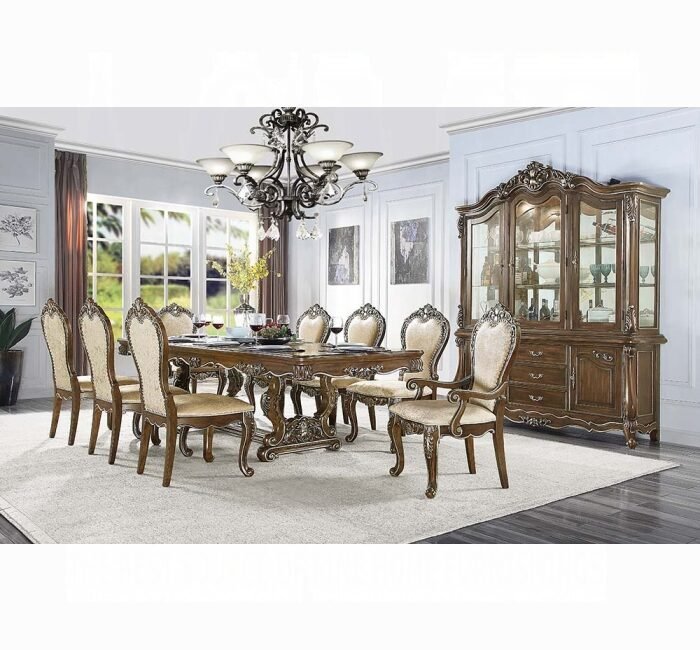Antique oak 9-piece dining set with extendable pedestal table, carved details, and elegant traditional European décor styling.
