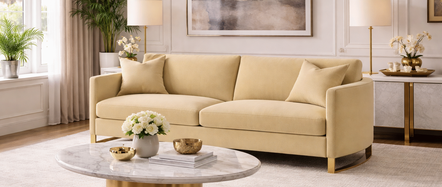 Corliss upholstered curved track arm sofa in camel velvet with gold accent legs in an elegant executive living room