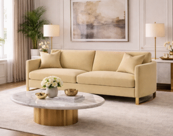 Corliss upholstered curved track arm sofa in camel velvet with gold accent legs in an elegant executive living room