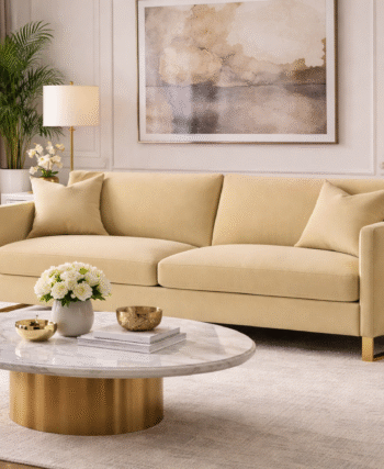 Corliss upholstered curved track arm sofa in camel velvet with gold accent legs in an elegant executive living room