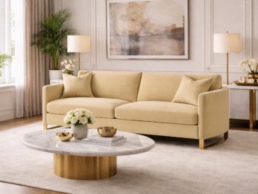 Corliss upholstered curved track arm sofa in camel velvet with gold accent legs in an elegant executive living room