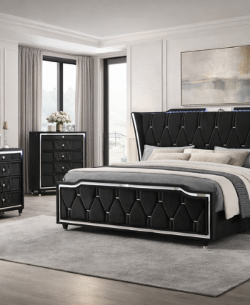 Modern black upholstered bed styled in an elegant, contemporary bedroom interior