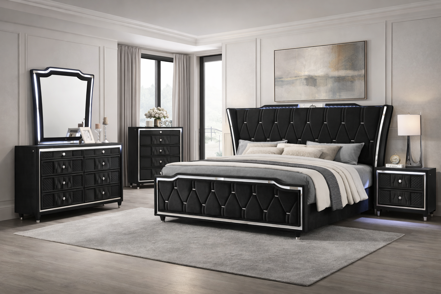 Modern black upholstered bed styled in an elegant, contemporary bedroom interior