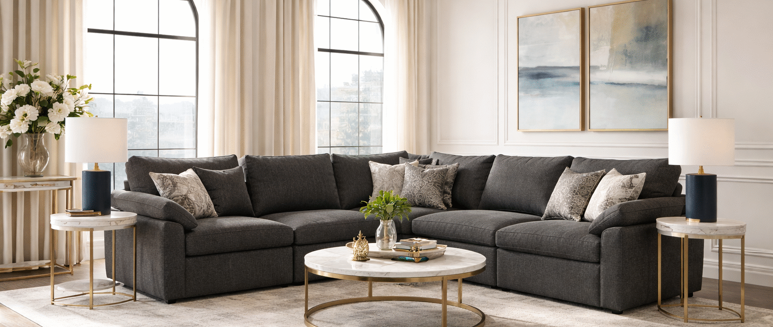 Modern living room with a dark neutral sectional styled in an elegant, light-filled interior