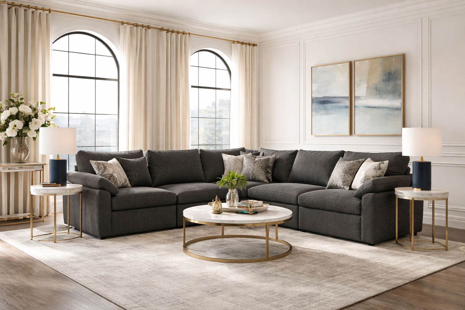 Modern living room with a dark neutral sectional styled in an elegant, light-filled interior