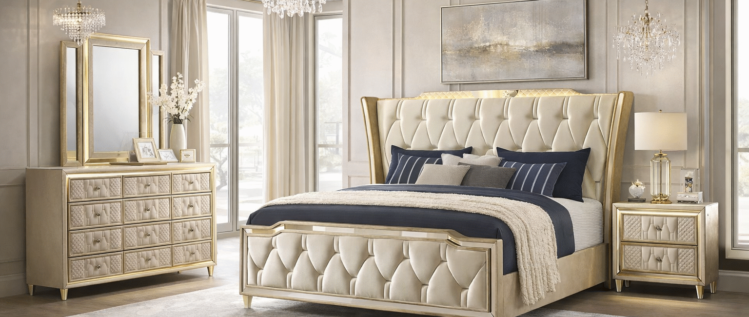 Modern ivory bedroom set styled in an elegant, light-filled bedroom interior