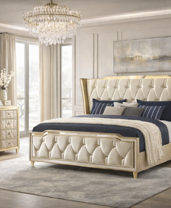 Modern ivory bedroom set styled in an elegant, light-filled bedroom interior