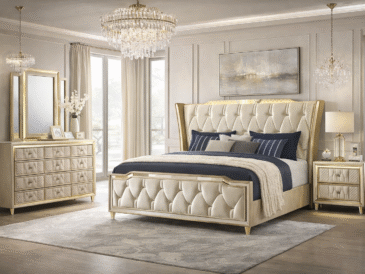 Modern ivory bedroom set styled in an elegant, light-filled bedroom interior