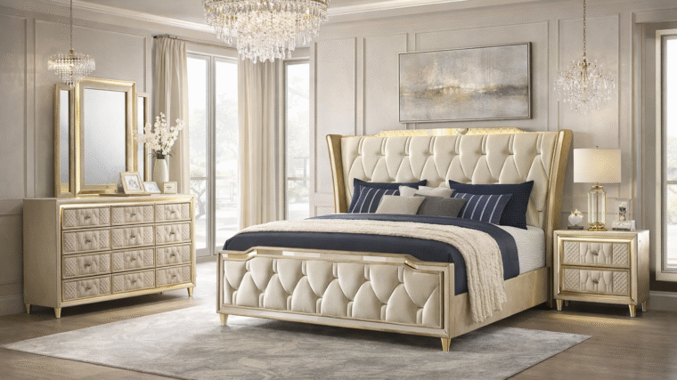 Modern ivory bedroom set styled in an elegant, light-filled bedroom interior