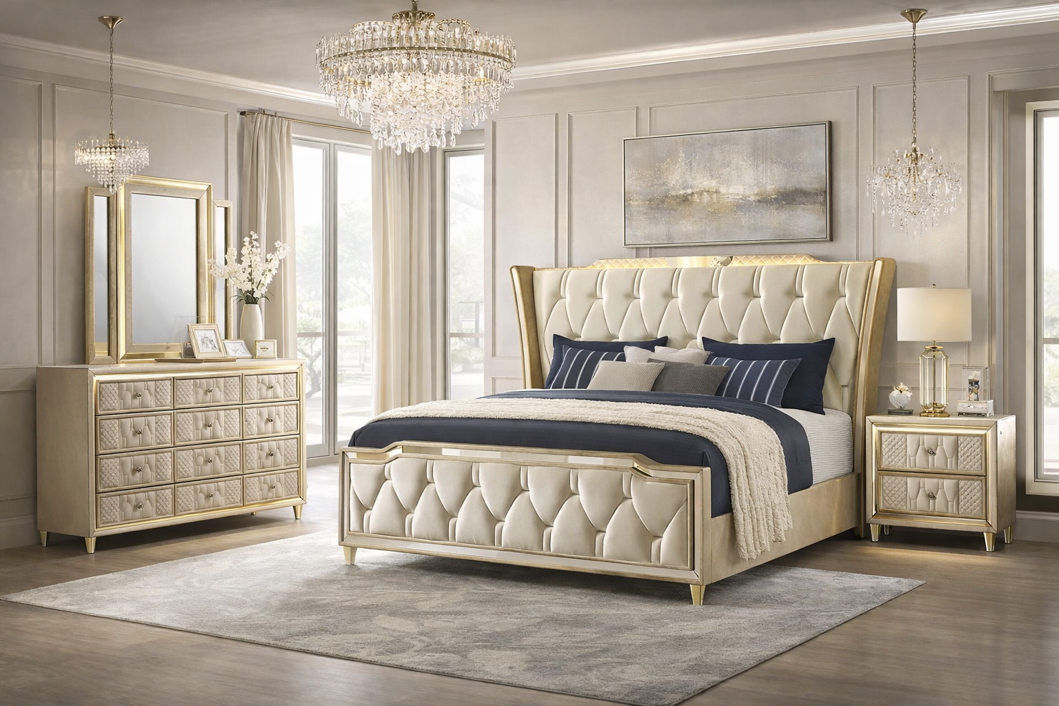 Modern ivory bedroom set styled in an elegant, light-filled bedroom interior