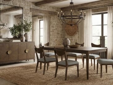 Mid-century modern walnut dining set with rectangular table and upholstered chairs in a warm, minimalist dining room