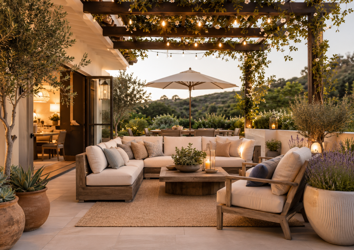 Upscale California patio with cushioned outdoor seating, pergola lights, large planters, umbrella, and a textured outdoor rug.