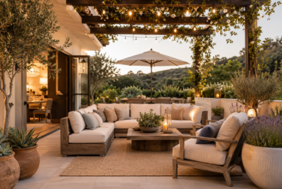 Upscale California patio with cushioned outdoor seating, pergola lights, large planters, umbrella, and a textured outdoor rug.