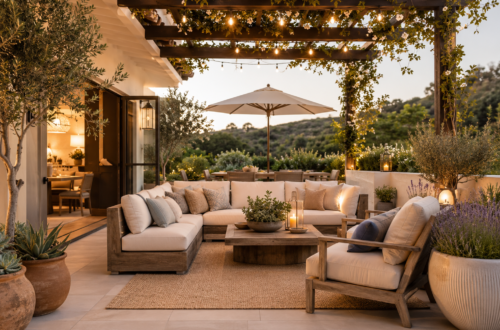 Upscale California patio with cushioned outdoor seating, pergola lights, large planters, umbrella, and a textured outdoor rug.