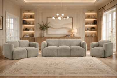 Textured neutral Dorset sofa set with one sofa, one loveseat, and one chair in an elegant modern living room.