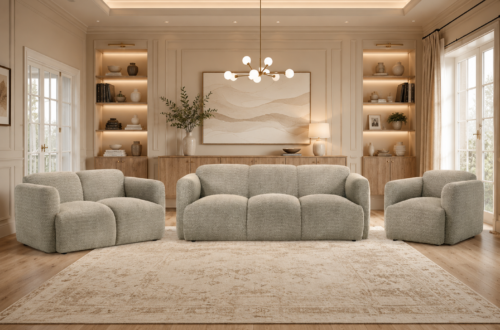 Textured neutral Dorset sofa set with one sofa, one loveseat, and one chair in an elegant modern living room.