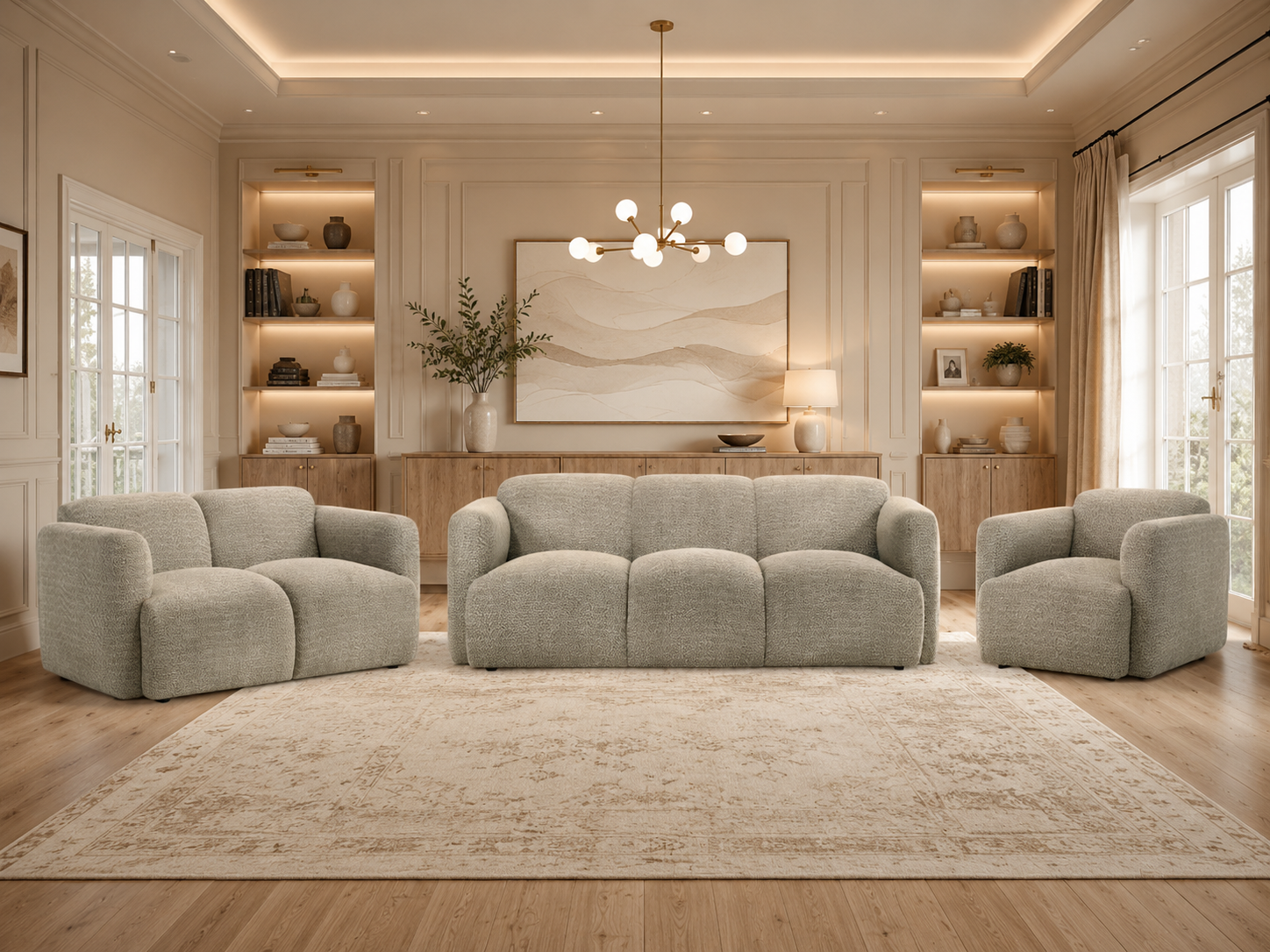Textured neutral Dorset sofa set with one sofa, one loveseat, and one chair in an elegant modern living room.