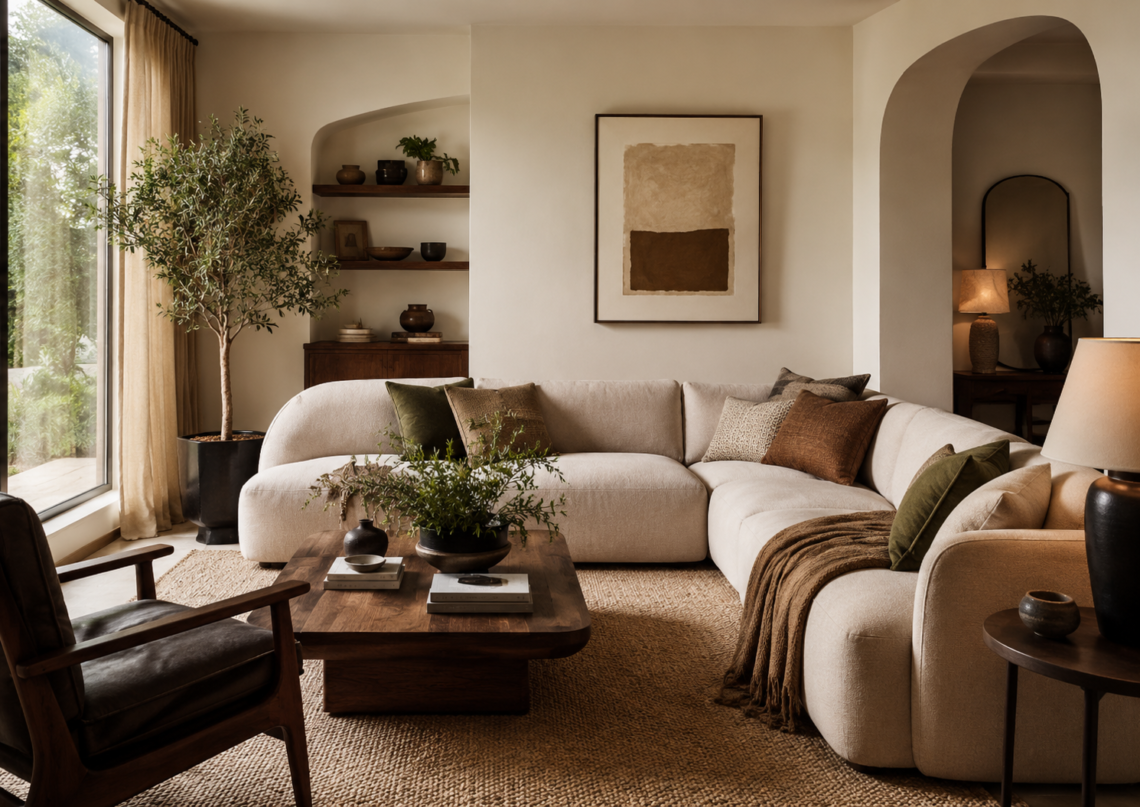 Warm modern living room with cream sectional, walnut coffee table, neutral rug, layered lighting, and textured decor