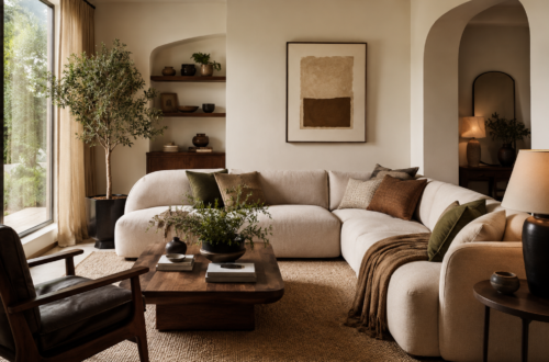 Warm modern living room with cream sectional, walnut coffee table, neutral rug, layered lighting, and textured decor